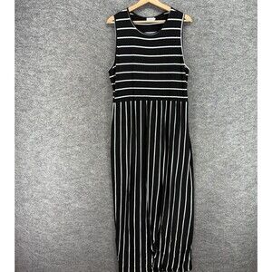 Hount Dress Women 2XL Black Striped Maxi Long Sleeve Cotton Round Neck Casual